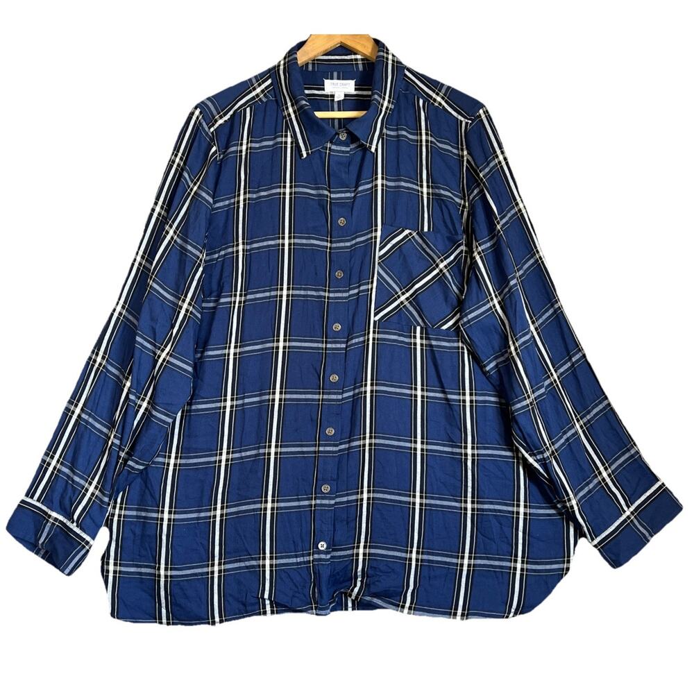 True Craft Shirt Womens 3X Blue Plaid Button Up Lightweight Cotton Modal